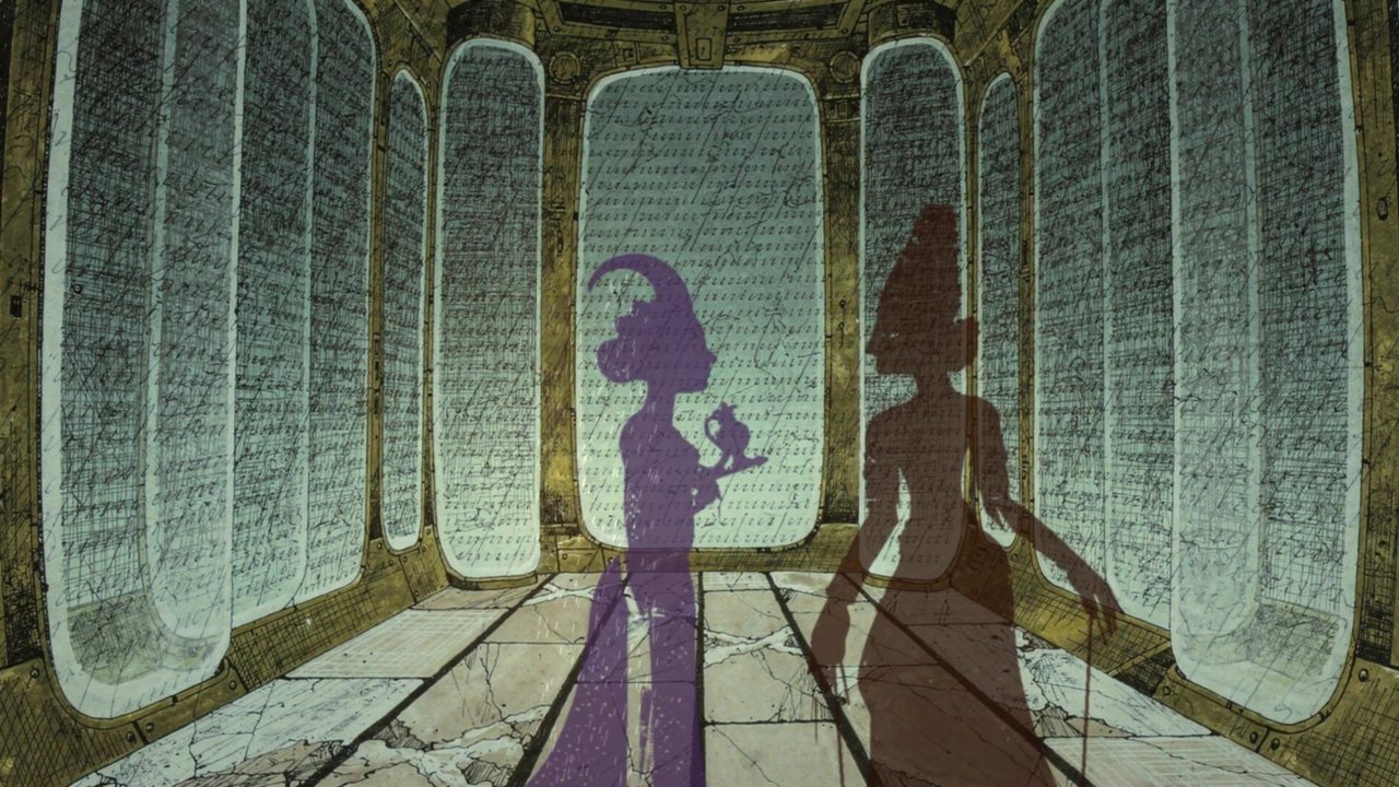 the Membrane Chapel: Saqi's shadow in the doorway light, Cassia's shadow, the crystal sheets