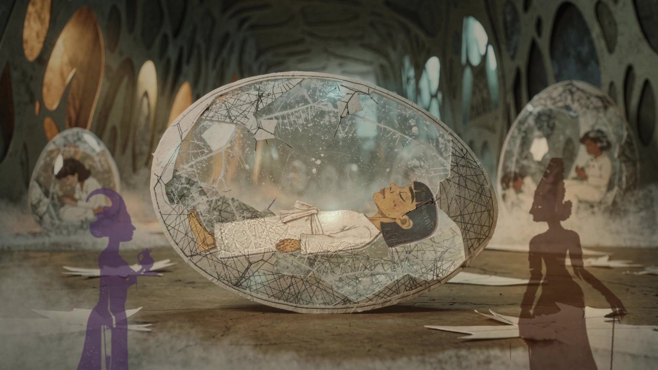 Aisha asleep in her cocoon, the Voices' shadows