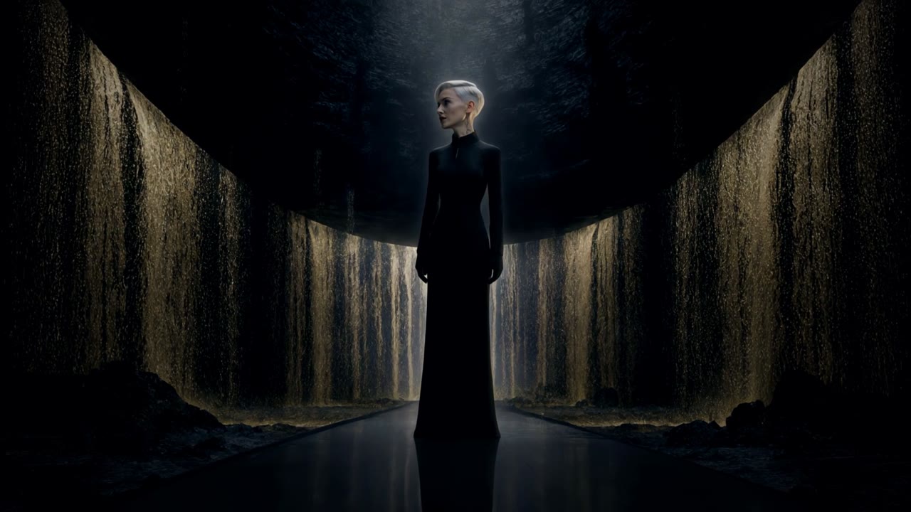 Elara alone in a cathedral of dark glass