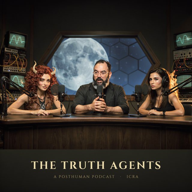 Episode 1 cover — three figures recording a podcast beneath a hexagonal moon-oculus