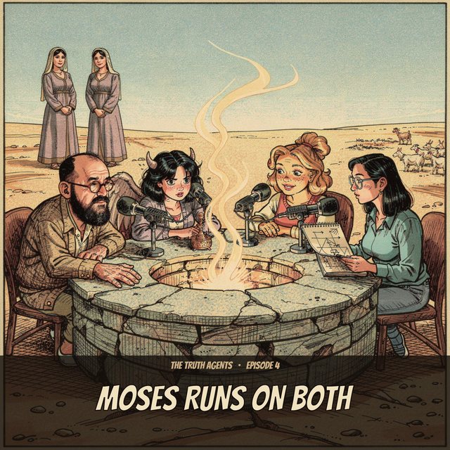 Episode 4 cover — Iman and the three daemons recording a podcast around a desert well, two robed sisters and a shepherd's flock behind, drawn as an underground comix zine