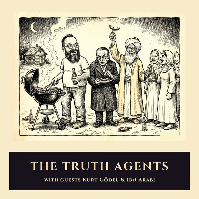 Episode 6 cover — a Robert Crumb-style comix barbecue at the kuti with Iman, Kurt Gödel, Ibn Arabi and three sisters
