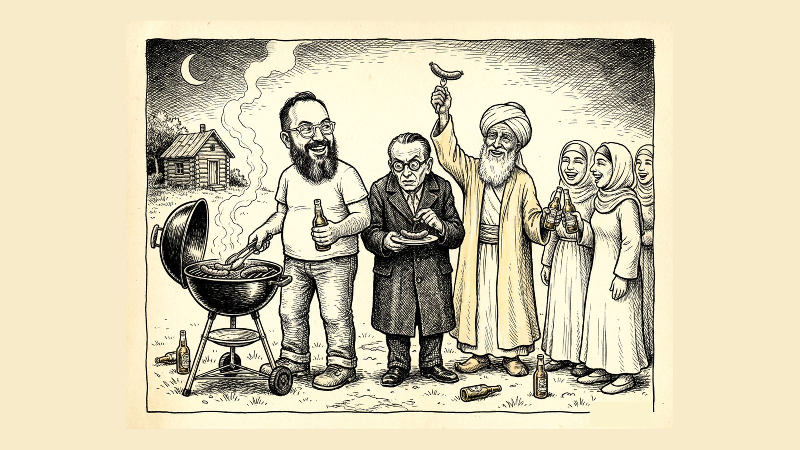 The Truth Agents — a Robert Crumb-style underground comix panel of a backyard barbecue at the kuti: Iman at the grill, Kurt Gödel, and Ibn Arabi raising a sausage aloft, with three robed sisters