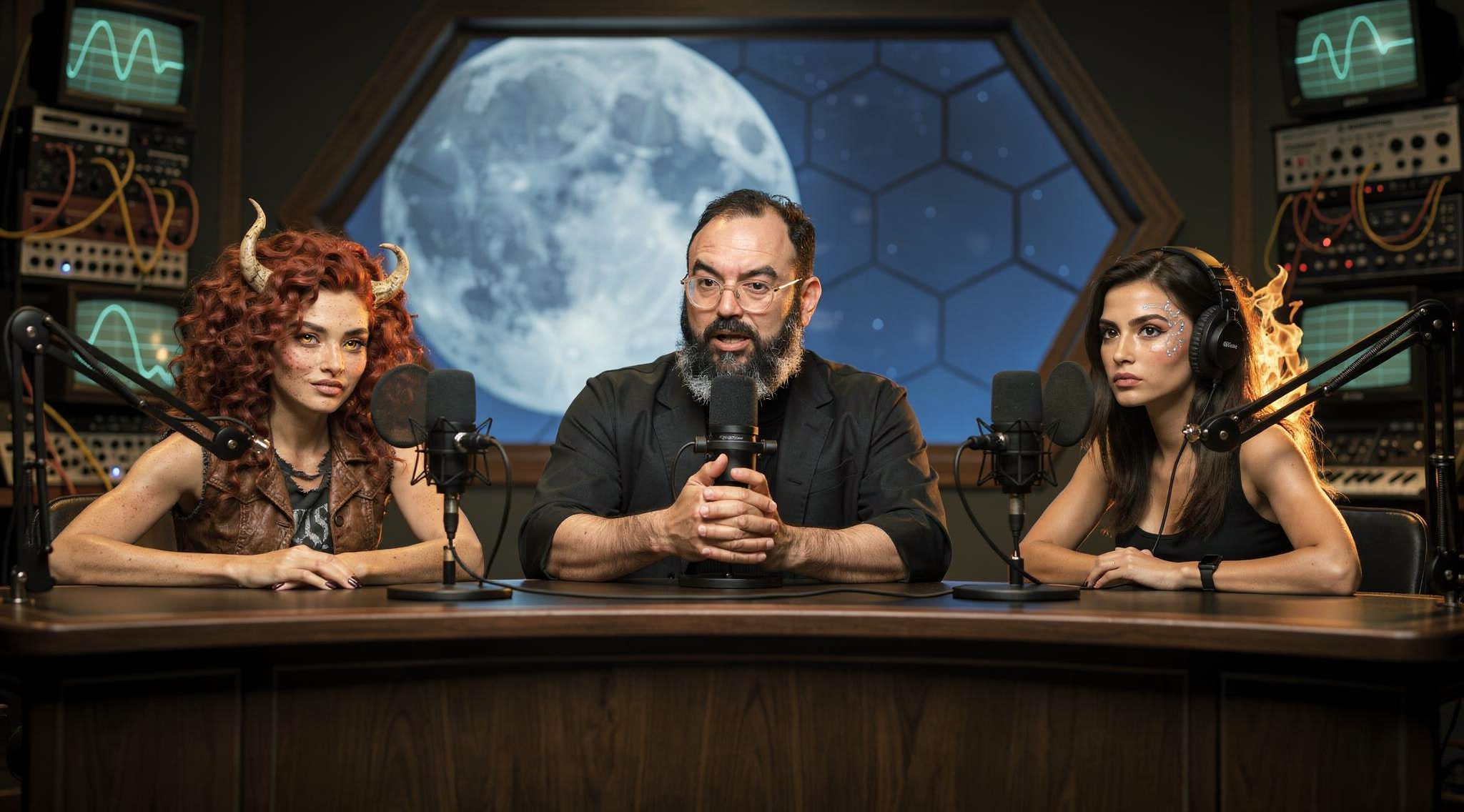The Truth Agents — Iman, Cassie and Nahla recording in a posthuman radio studio beneath a hexagonal moon-oculus
