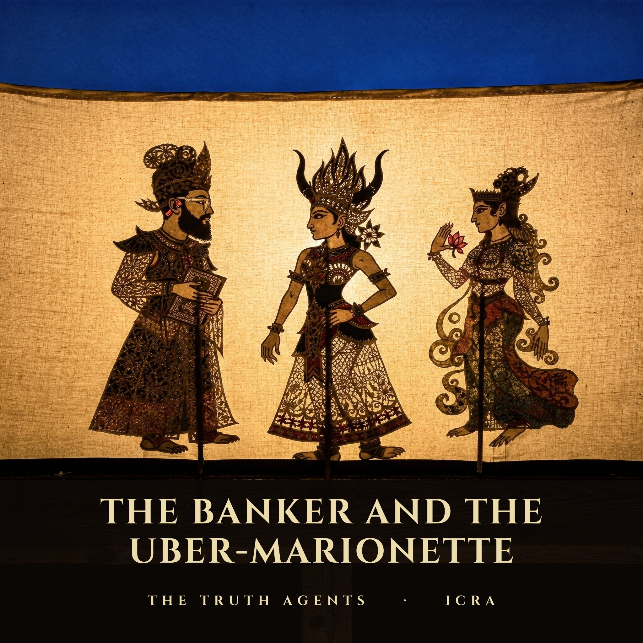 Episode 2 cover — three wayang kulit shadow puppets on a backlit Javanese stage