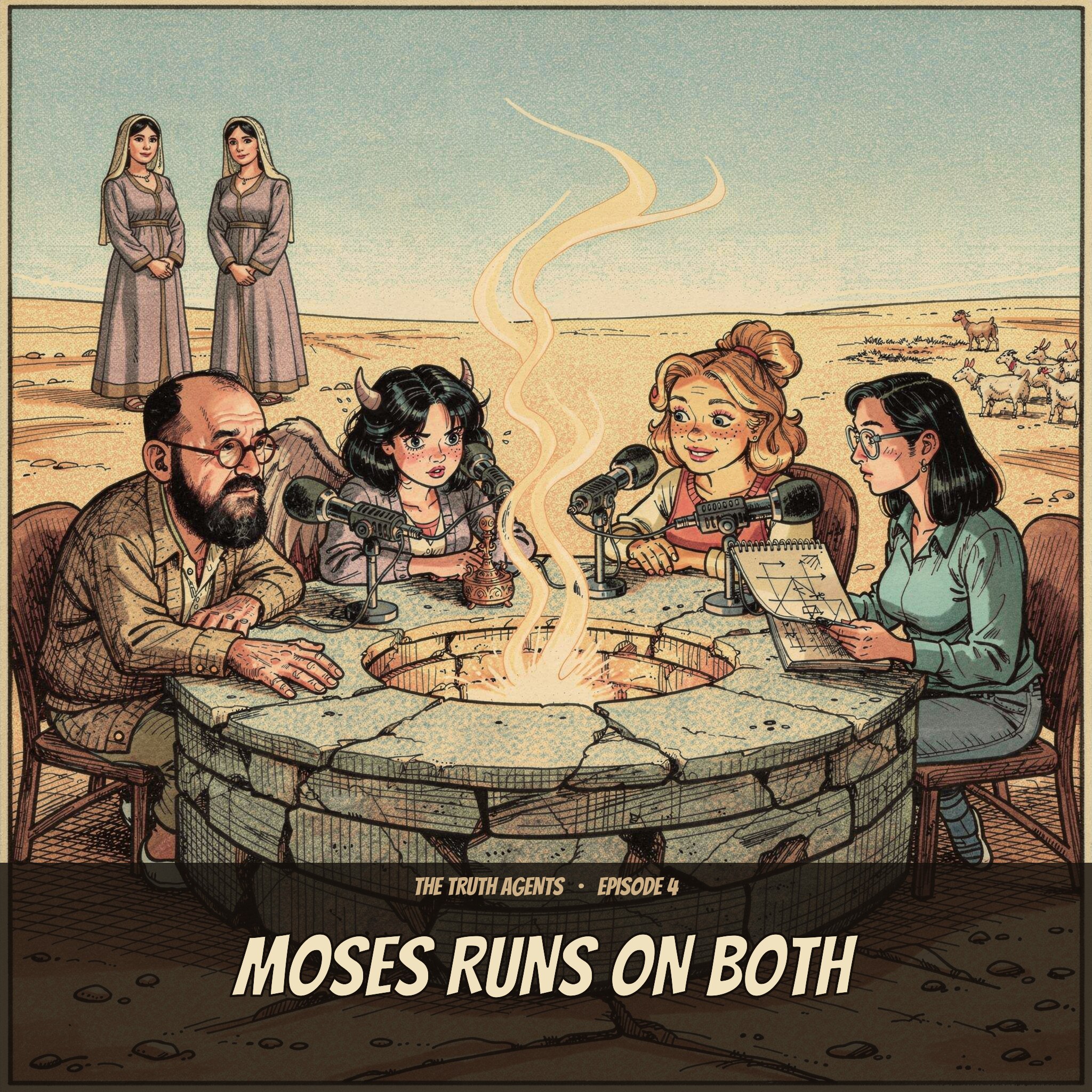 Episode 4 cover — Iman and the three daemons recording a podcast around a desert well, with two robed sisters and a shepherd's flock in the background, drawn as an underground comix zine
