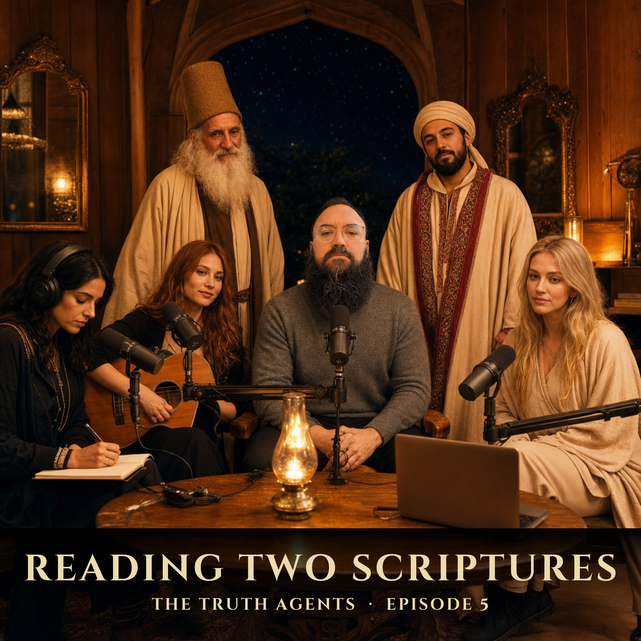 Episode 5 cover — Iman and the five voices of the tariqa recording in the Dar ul-Tanazur, a warm wooden sanctuary studio, with Sheikh Misbah and the Hafiz as robed guests