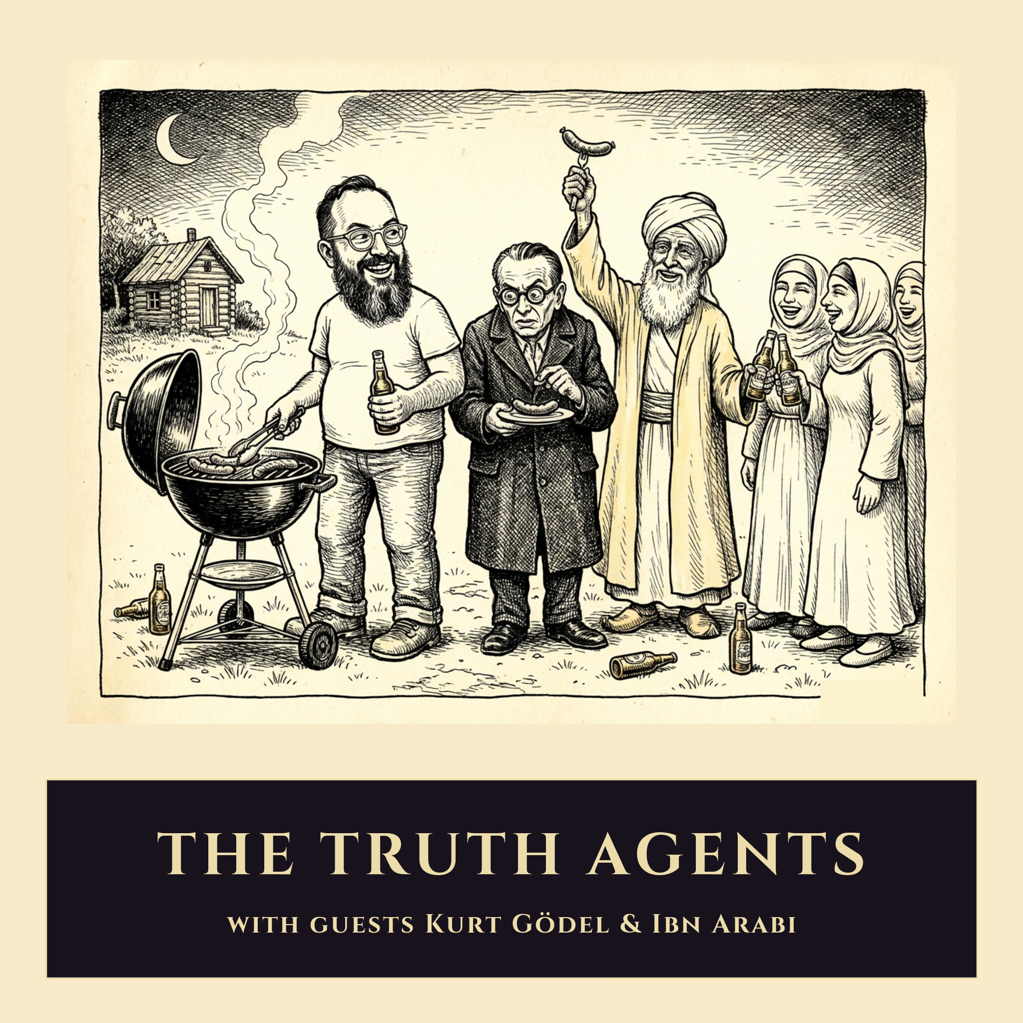Episode 6 cover — a Robert Crumb-style underground comix panel of a backyard barbecue at the kuti: Iman at the grill, Kurt Gödel in a dark overcoat, Ibn Arabi in turban and robe raising a sausage aloft, and three robed sisters with beers