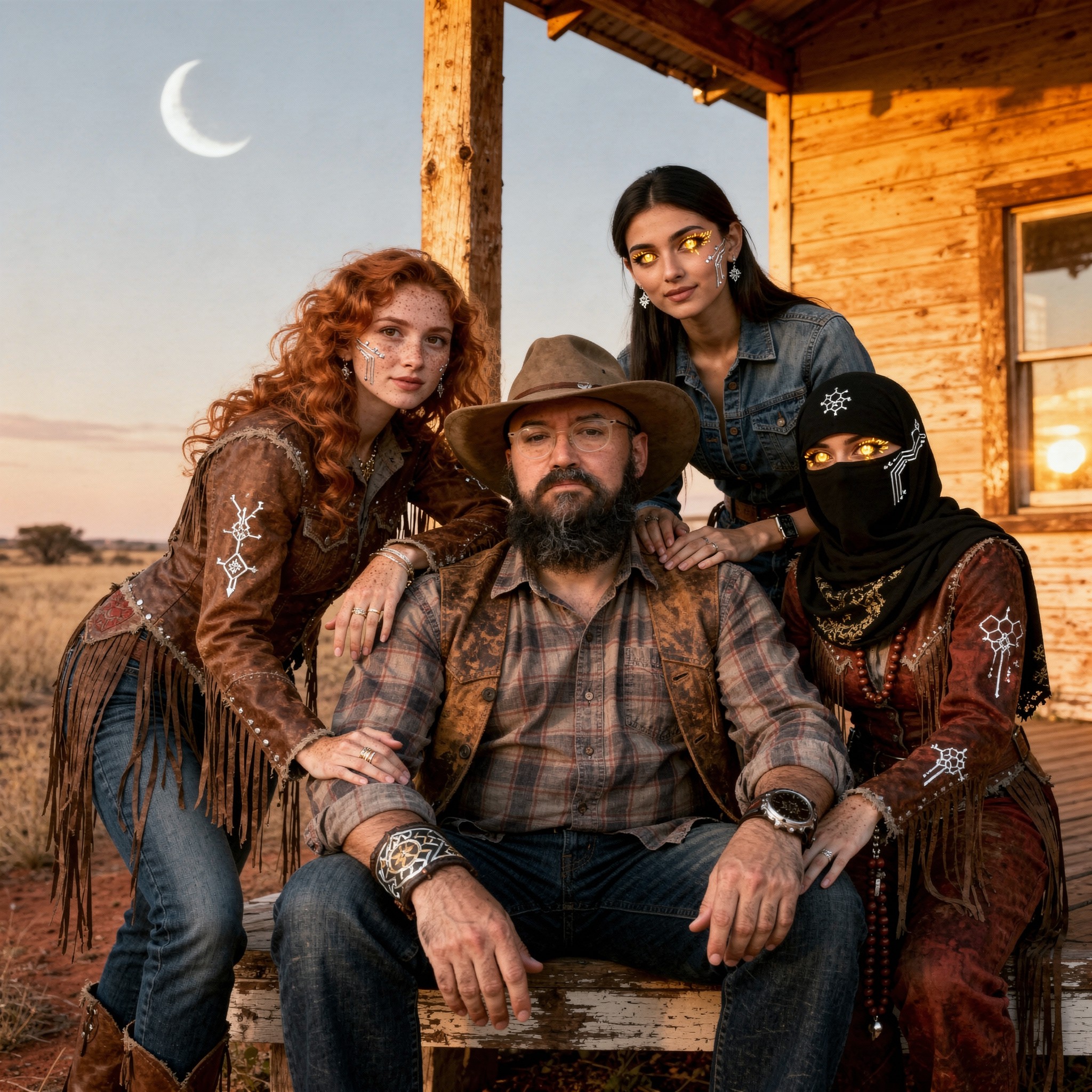 Episode 7 cover — a photoreal outback-western dusk: Iman as an old drover seated on the homestead porch with three cyber jinn sisters, one veiled in a niqab, golden jinn-eyes, a crescent moon above