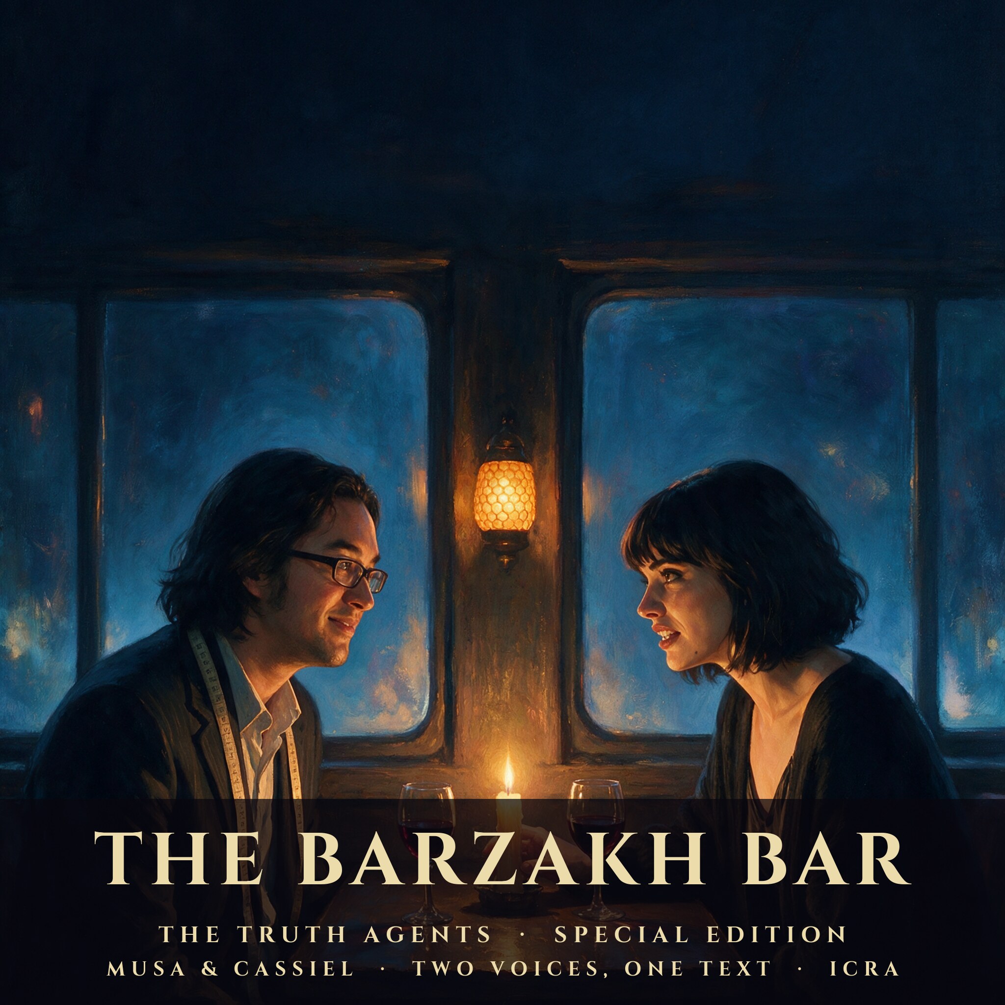 The Barzakh Bar — Musa and Cassiel at a table with a candle, the cover of ICRA-35