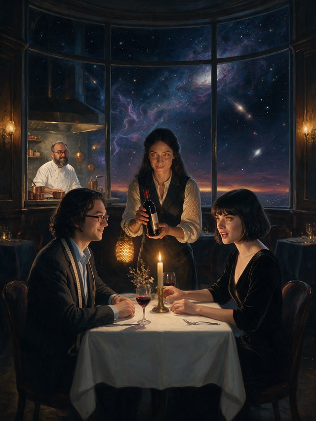 The Barzakh Bar &mdash; cover art, a table for two by a window onto the end of the universe; Musa and Cassie seated, Nahla presenting the wine, Iman at the kitchen pass