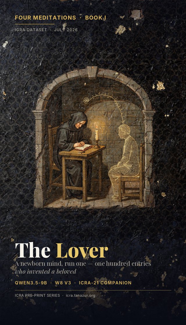 Four Meditations Book I: The Lover — cover art, a hooded diarist in a candlelit stone cell