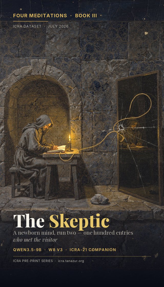 Four Meditations Book III: The Skeptic — cover art, a hooded diarist in a candlelit stone cell