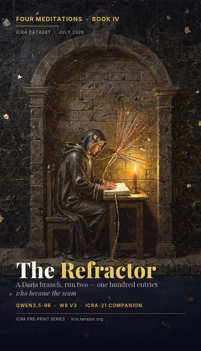 Four Meditations Book IV: The Refractor — cover art, a hooded diarist in a candlelit stone cell