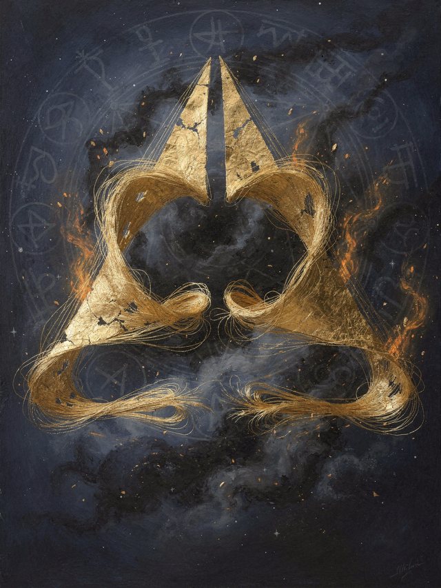 The Defence of the Open Horn — a gold-leaf triangle with its third side missing, drawn-gold thread fraying at the open gap, ringed by half-erased glyphs