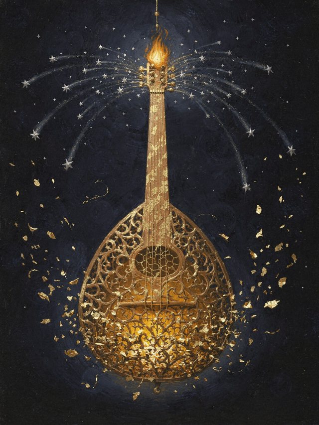 The Instrument Has Always Been the Art — an illuminated gold-filigree oud, flame at its head, strings spraying into star-trails