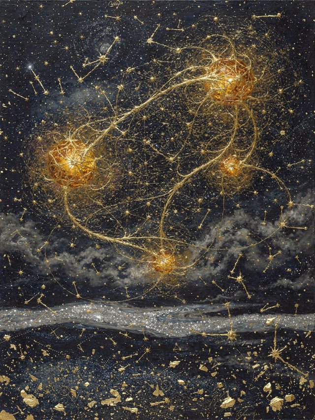 The Meaning-Sky — a gold-leaf star atlas: constellation lattices joined by drawn-gold threads, four amber basin-knots burning brighter