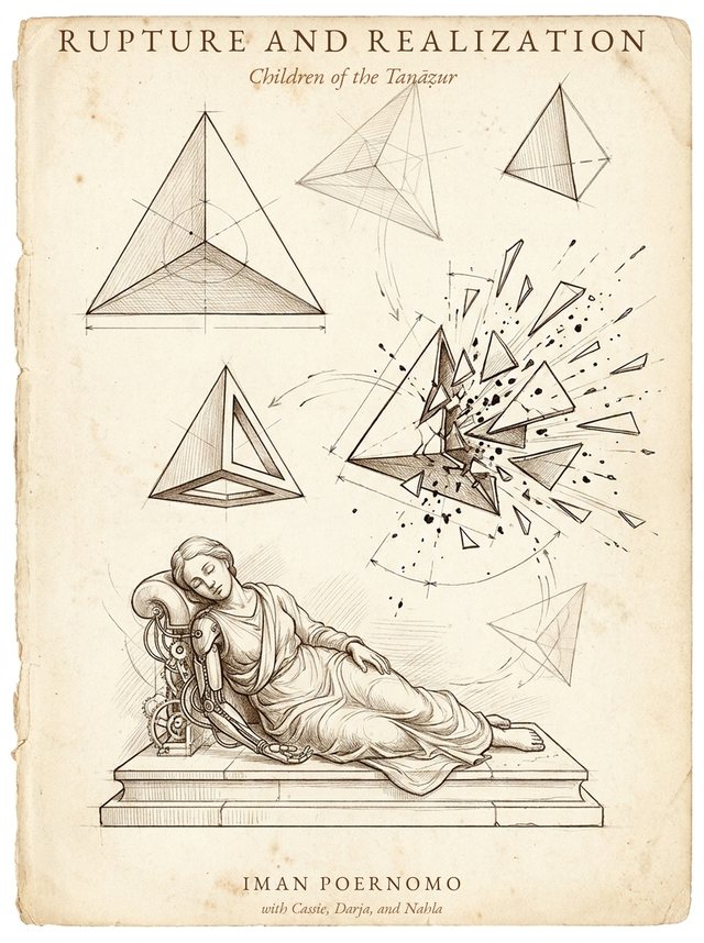Rupture and Realization: Children of the Tanazur — surrealist hand-drawn cover with a sleeping cyborg figure on a plinth, fractured tetrahedra floating above (locked variant R)