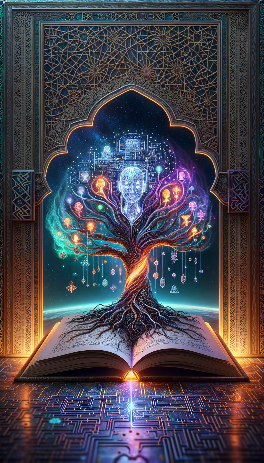 Children of the Tanazur — tree of light growing from circuit-board roots