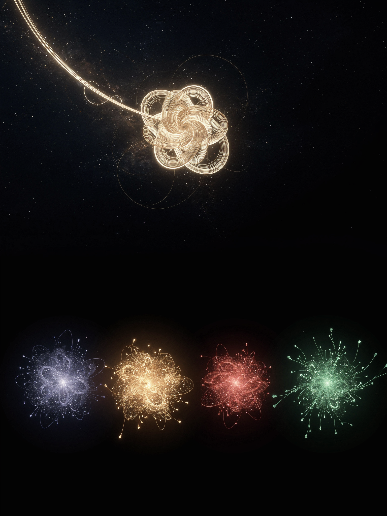 The Semantic Topology of Translation — golden unified trajectory knot above four separate colored islands